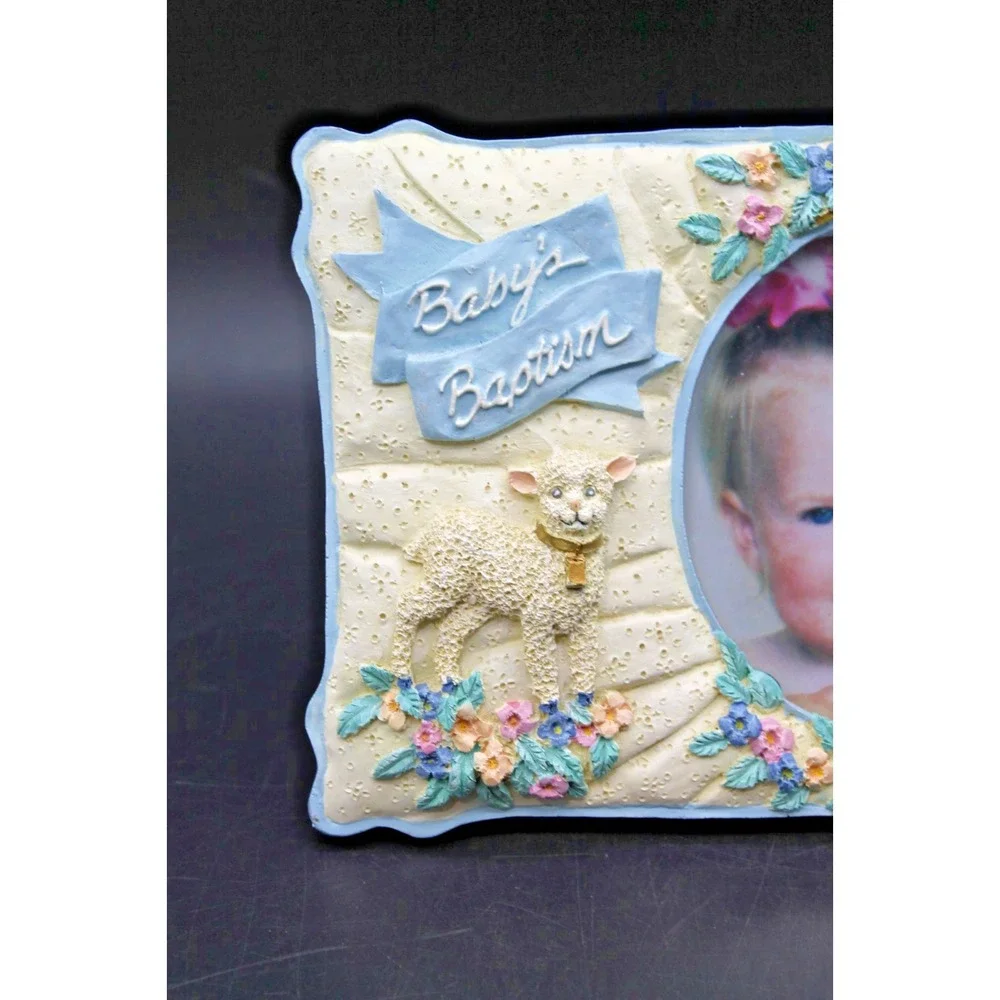 Baby's Baptism Photo Frame 7.5x6 Resin Lamb Floral 4x3 Oval Picture Religious